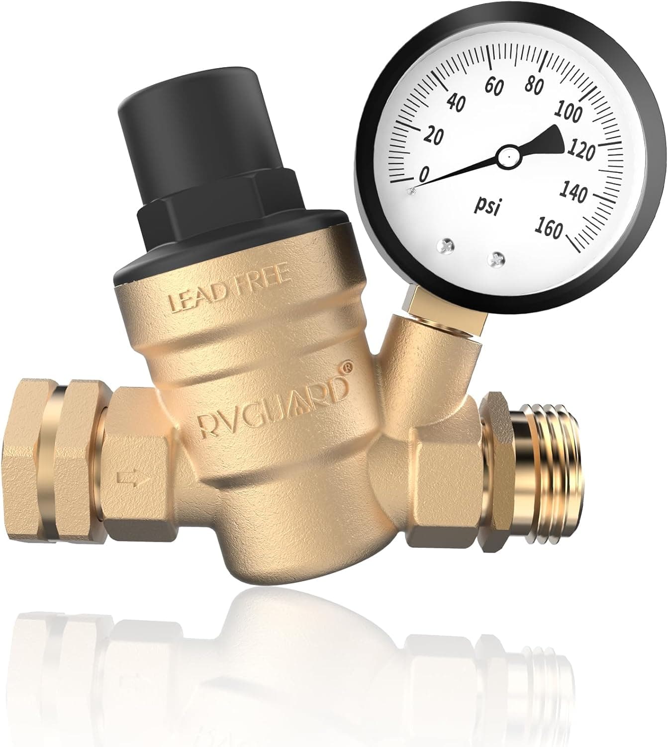 RVGUARD Adjustable Lead-Free Brass Water Pressure Regulator (Gauge)